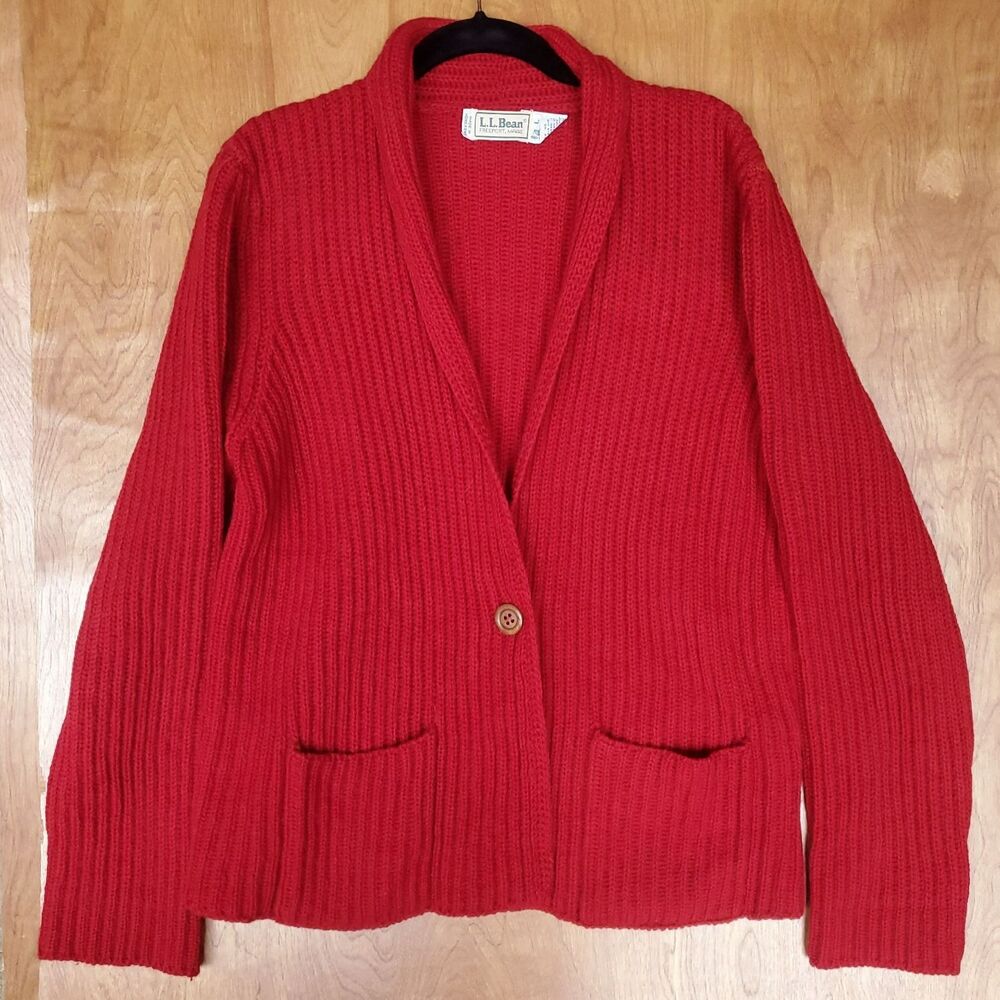 VTG L L Bean Cardigan Sweater Womens L Red Wool Rib Knit Fisherman Shawl Collar